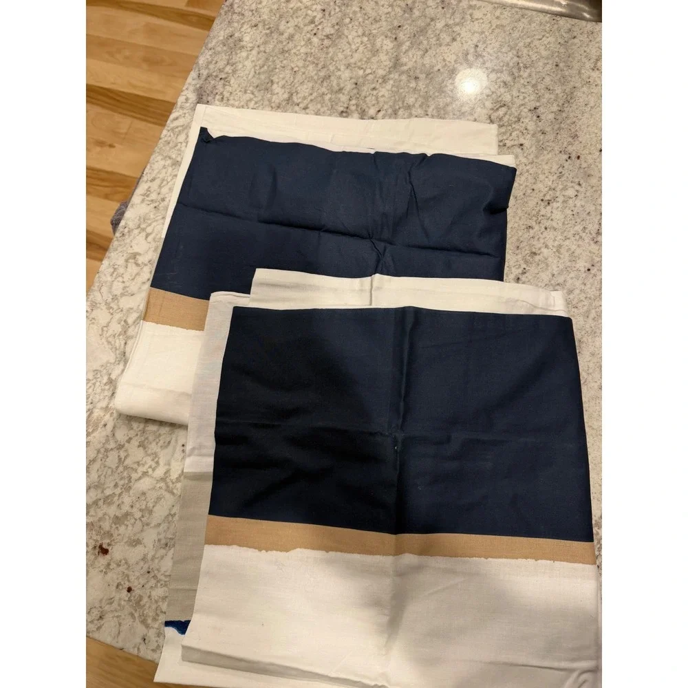 West Elm Set of 2 Organic Cotton Euro Square Pillow Shams Navy Tan Striped 26x26